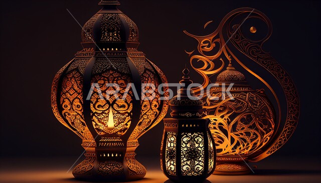 تصاميم ثلاثية الأبعاد لفوانيس معدنية عربية تقليدية , إضاءة وزينة شهر رمضان، تحف رمضانية , الإحتفال بقدوم شهر رمضان ، ديكورات وزينة , اجواء رمضانية ,خلفيات داكنة  .