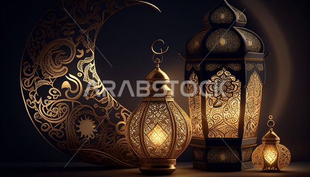 تصاميم ثلاثية الأبعاد لفوانيس معدنية عربية تقليدية وهلال معدني , إضاءة وزينة شهر رمضان، تحف رمضانية , الإحتفال بقدوم شهر رمضان ، ديكورات وزينة , اجواء رمضانية ,خلفيات سوداء  .