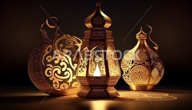 تصاميم ثلاثية الأبعاد لفوانيس معدنية عربية تقليدية , إضاءة وزينة شهر رمضان، تحف رمضانية , الإحتفال بقدوم شهر رمضان ، ديكورات وزينة , اجواء رمضانية ,خلفيات سوداء  .