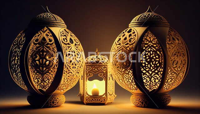 تصاميم ثلاثية الأبعاد لفوانيس معدنية عربية تقليدية , إضاءة وزينة شهر رمضان، تحف رمضانية , الإحتفال بقدوم شهر رمضان ، ديكورات وزينة , اجواء رمضانية ,خلفيات سوداء .