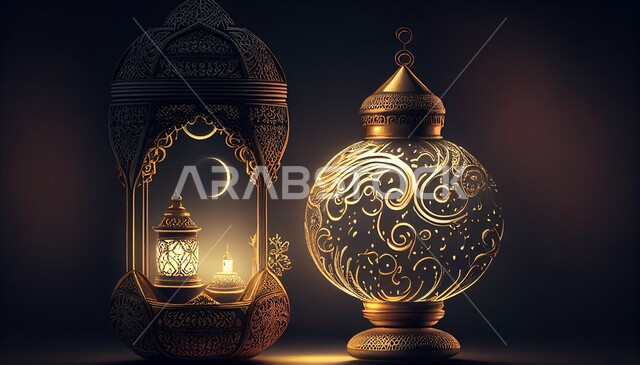 تصاميم ثلاثية الأبعاد لفوانيس معدنية عربية تقليدية , إضاءة وزينة شهر رمضان، تحف رمضانية , الإحتفال بقدوم شهر رمضان ، ديكورات وزينة , اجواء رمضانية ,خلفيات سوداء  .