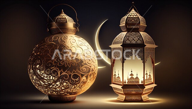 تصاميم ثلاثية الأبعاد لفوانيس معدنية عربية تقليدية وهلال معدني , إضاءة وزينة شهر رمضان، تحف رمضانية , الإحتفال بقدوم شهر رمضان ، ديكورات وزينة , اجواء رمضانية ,خلفيات سوداء  .