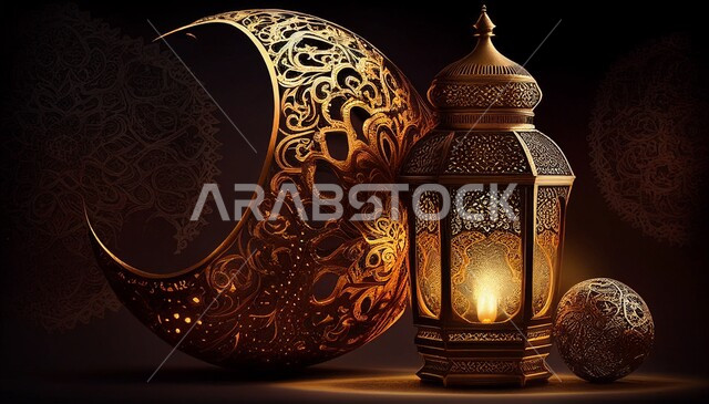 تصاميم ثلاثية الأبعاد لفوانيس معدنية عربية تقليدية وهلال معدني , إضاءة وزينة شهر رمضان، تحف رمضانية , الإحتفال بقدوم شهر رمضان ، ديكورات وزينة , اجواء رمضانية ,خلفيات سوداء  .