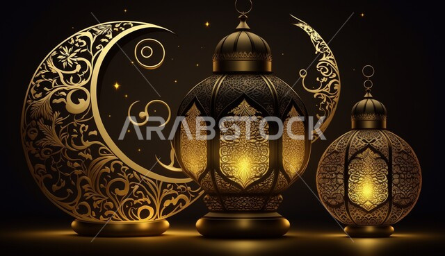 Three-dimensional designs of traditional Arab metal lanterns and a metal crescent, lighting and decorations for the month of Ramadan, celebrating the advent of the month of Ramadan, decorations and decorations, Ramadan artifacts, Ramadan atmosphere, black
