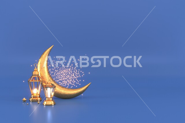 قالب تصميم رمضاني ,خلفيات رمضانية ، التهنئة بقدوم شهر رمضان الكريم ، فانوس وهلال مضيء  ،خلفيات دينية اسلامية , تصاميم ثلاثية الابعاد , خلفية زرقاء  .