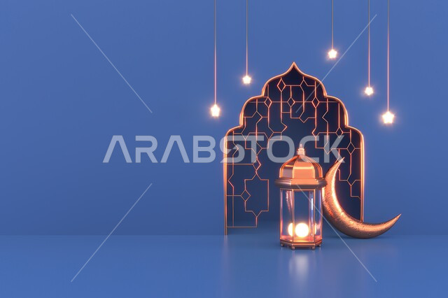 قالب تصميم رمضاني , التهنئة بقدوم شهر رمضان الكريم ، فانوس وهلال مضيء  ،خلفيات دينية اسلامية , تصاميم ثلاثية الابعاد , خلفية زرقاء ، خلفيات رمضانية .