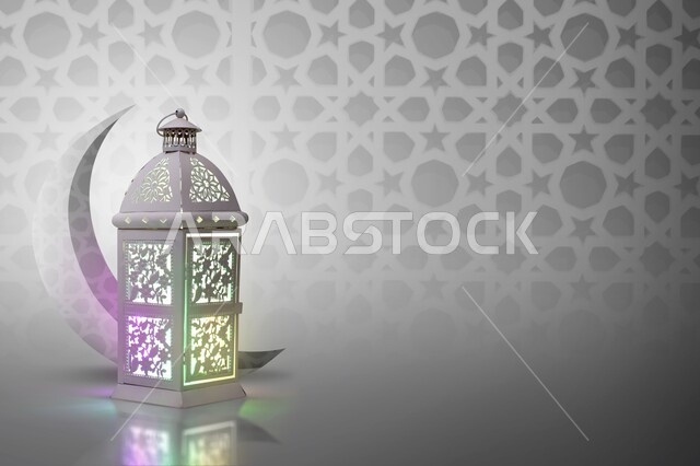 قالب تصميم رمضاني , التهنئة بقدوم شهر رمضان الكريم ، فانوس وهلال مضيء ، خلفيات رمضانية ، خلفيات دينية اسلامية , تصاميم ثلاثية الابعاد , خلفية رمادية  .