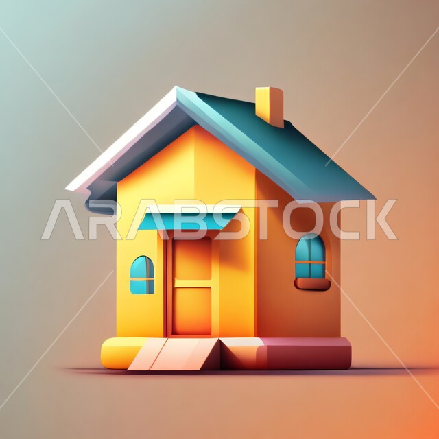رسم توضيحي ثلاثي الأبعاد لمنزل بسيط , فنون تشكيلية ملونة , تصاميم وديكورات , اغلفة وقوالب، خلفية ملونة .