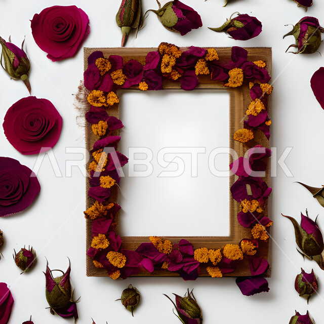 برواز خشبي فارغ بتصميمات ابداعية، اطار مصنوع من الخشب المزين بازهار الورد، برواز فارغ، خلفية بيضاء