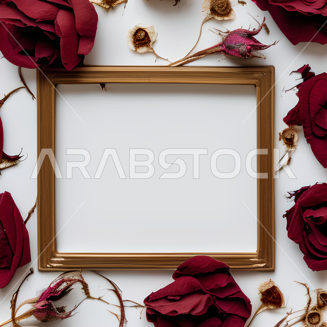 برواز خشبي فارغ بتصميمات ابداعية، اطار مصنوع من الخشب، ازهار الزينة، برواز فارغ، خلفية بيضاء