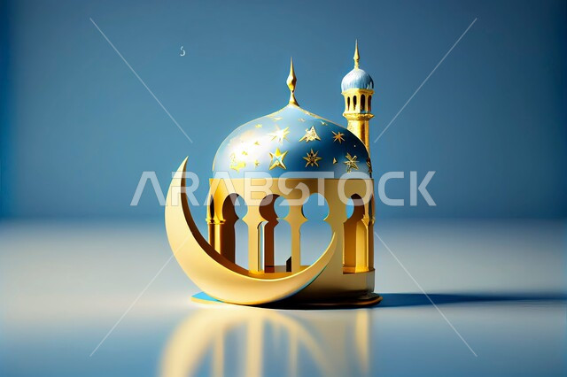  مجموعة من التحف الرمضانية ثلاثية الابعاد , هلال رمضان, زينة شهر رمضان, مناسبات دينية اسلامية  ،  ديكورات و خلفيات رمضانية , خلفية زرقاء  .