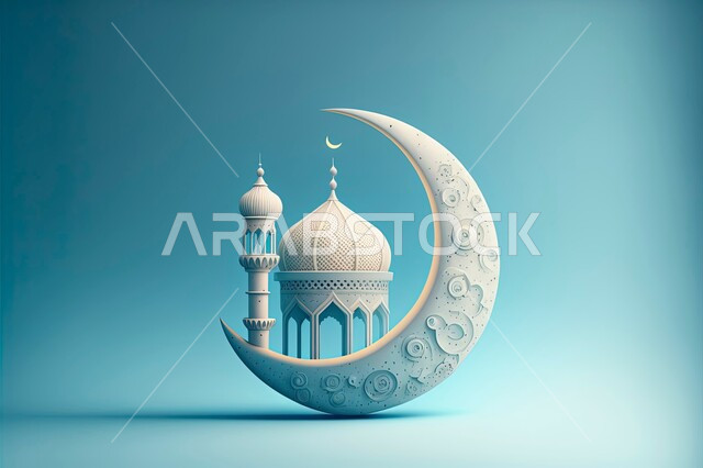  مجموعة من التحف الرمضانية ثلاثية الابعاد , هلال رمضان, زينة شهر رمضان, مناسبات دينية ،  ديكورات و خلفيات رمضانية , خلفية زرقاء  .