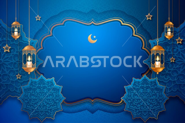 قالب تصميم رمضاني , التهنئة بقدوم شهر رمضان المبارك ، فانوس وهلال مضيء  ،خلفيات دينية اسلامية , تصاميم ثلاثية الابعاد , خلفية زرقاء ، خلفيات رمضانية .