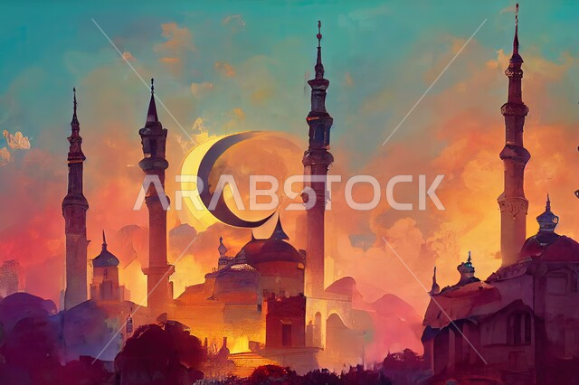 خلفيات تصميم رمضانية , التهنئة بقدوم شهر رمضان الكريم ، هلال و مآذن  ، رسوم توضيحية بألوان تدريجية  , خلفيات رمضان  .