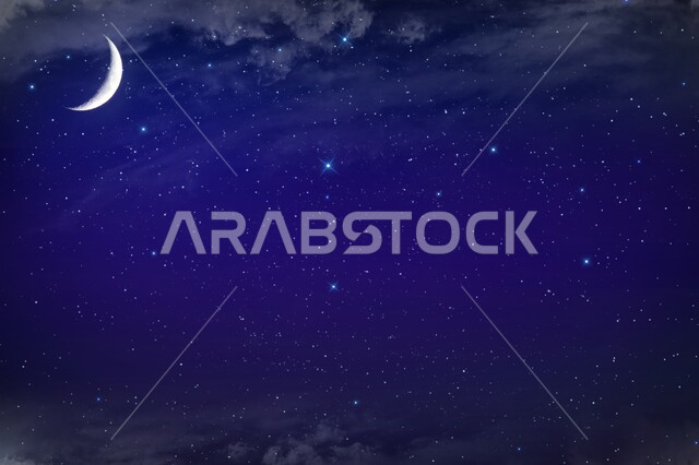 منظر مسائي  لظهور هلال القمر في السماء الصافية الممتلئة بالنجوم  , نجوم مبعثرة  , ليالي رمضانية , خلفيات رمضانية , خلفية زرقاء .