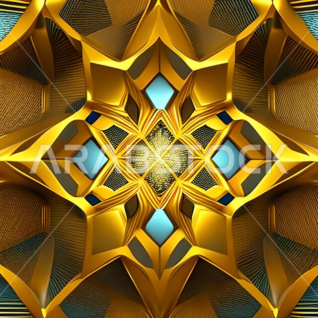 مجسم ثلاثي الأبعاد لزخارف إسلامية، رسومات وأشكال هندسية إسلامية ، نمط عربي إسلامي ، تصميم إسلامي باللون الذهبي  ، خلفيات.