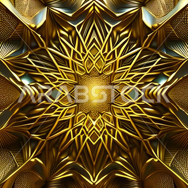 مجسم ثلاثي الأبعاد لزخارف إسلامية  ، رسومات وأشكال هندسية إسلامية ، نمط عربي إسلامي ، تصميم إسلامي باللون الذهبي  ، خلفيات.