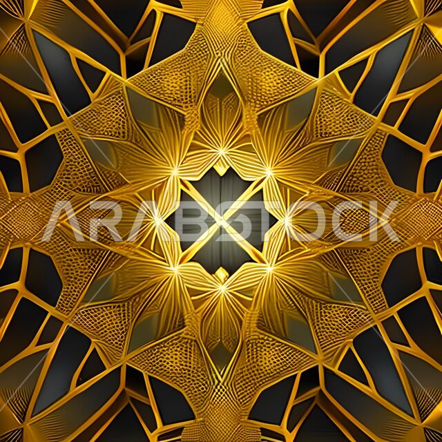 مجسم ثلاثي الأبعاد لزخارف إسلامية ، رسومات وأشكال هندسية إسلامية ، نمط عربي إسلامي ، تصميم إسلامي باللون الذهبي  ،خلفيات.