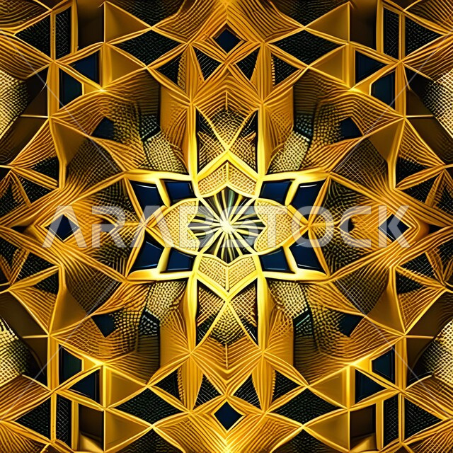 مجسم ثلاثي الابعاد لزخارف إسلامية ، رسومات وأشكال هندسية إسلامية ، نمط عربي إسلامي ، تصميم إسلامي باللون الذهبي، خلفيات.