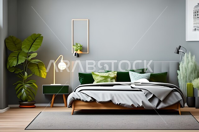 غرفة نوم بتصاميم عصرية حديثه, ديكورات داخليه، لوحات فنيه معلقه, تحف و إكسسوارات, أثاث منزلي راقي، تصاميم عصرية ، شقق وفلل سكنية ، ديكور داخلي, خلفية رمادية .