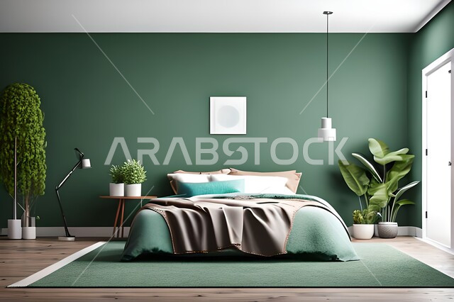 غرفة نوم بتصاميم عصرية حديثه, ديكورات داخليه، لوحات فنيه معلقه, تحف و إكسسوارات, أثاث منزلي راقي، تصاميم عصرية ، شقق وفلل سكنية ، ديكور داخلي, خلفية خضراء .