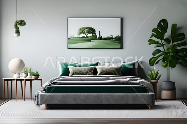 غرفة نوم بتصاميم عصرية حديثه، لوحات فنيه معلقه, تحف و إكسسوارات, أثاث منزلي راقي، تصاميم عصرية ، ديكورات داخلية, شقق وفلل سكنيه ، ديكور داخلي, خلفية رمادية .