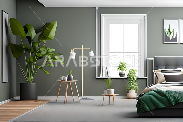 صورة مقربة لجانب من غرفة نوم بتصاميم عصرية حديثه، لوحات فنيه معلقه, تحف و إكسسوارات, أثاث منزلي راقي، تصاميم عصرية ، ديكورات داخلية, شقق وفلل سكنيه ، ديكور داخلي .