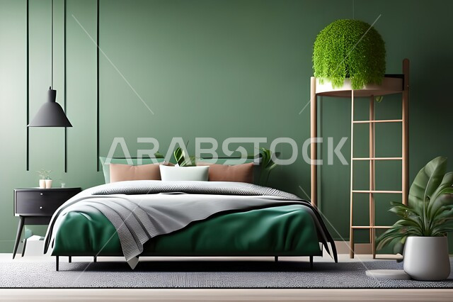 Bedroom with a modern modern design, hanging paintings, antiques and accessories, high-end home furniture, modern designs, interior decorations, apartments and residential villas, interior decoration.