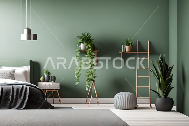 Close-up front view of a bedroom with modern modern designs, antiques and accessories, upscale home furnishings, modern designs, interior decorations, apartments and residential villas, interior décor.