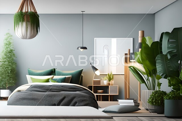 Bedroom with modern modern designs, antiques and accessories, hanging paintings, high-end home furniture, modern designs, interior decorations, apartments and villas, interior decorations.