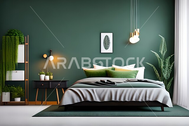 غرفة نوم بتصاميم عصرية حديثه ، لوحات فنيه معلقه, تحف و إكسسوارات, أثاث منزلي راقي ، تصاميم عصرية ، ديكورات داخليه , شقق وفلل سكنيه ، ديكور داخلي .