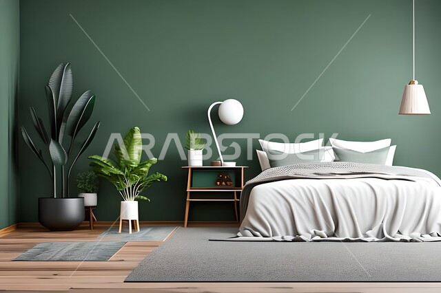 Close-up front image of a bedroom with modern modern designs, antiques and accessories, upscale home furniture, modern designs, interior decorations, apartments and residential villas, interior decoration.