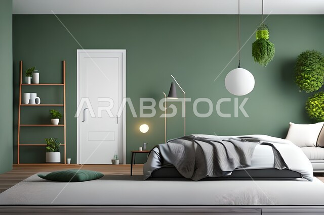 Close-up front image of a bedroom with modern modern designs, antiques and accessories, upscale home furniture, modern designs, interior decorations, apartments and residential villas, interior decoration.