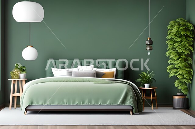 Close-up front image of a bedroom with modern modern designs, antiques and accessories, upscale home furniture, modern designs, interior decorations, apartments and residential villas, interior decoration.