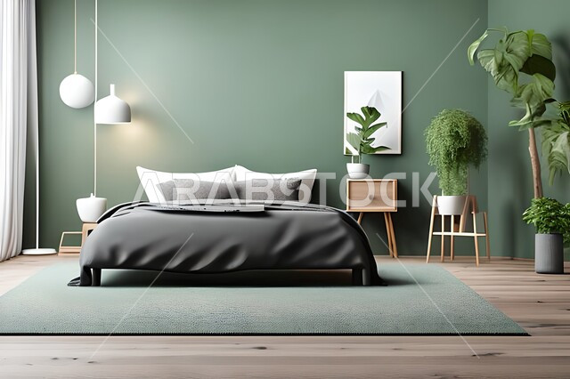 غرفة نوم بتصاميم عصرية  حديثه ، لوحات فنيه معلقه, تحف و إكسسوارات, أثاث منزلي راقي ، تصاميم عصرية ، ديكورات داخليه , شقق وفلل سكنيه ، ديكور داخلي .