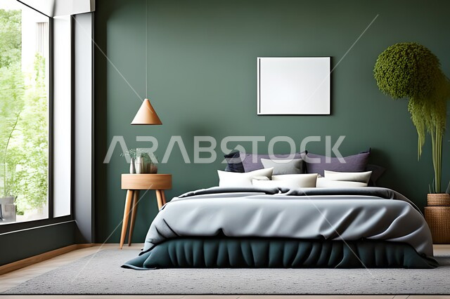 Bedroom with modern modern designs, antiques and accessories, hanging paintings, high-end home furniture, modern designs, interior decorations, apartments and residential villas, hanging paintings, interior decor.