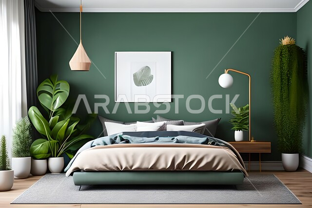 Bedroom with modern modern designs, antiques and accessories, hanging paintings, high-end home furniture, modern designs, interior decorations, apartments and residential villas, hanging paintings, interior decor.