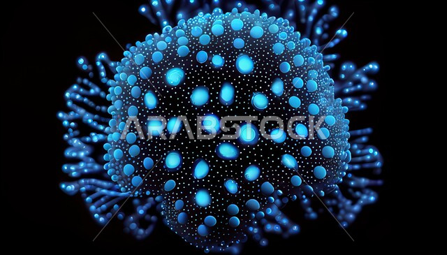 3D graphics of a luminous cell in blue, cells, viruses and bacteria, infectious diseases, black background