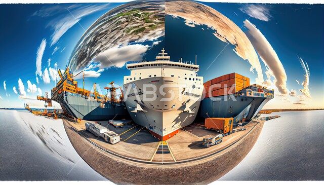 صوره بعدسة عين السمكه للنقل البحري, ميناء اقتصادي, وسائل مواصلات حديثه, خلفية  السماء