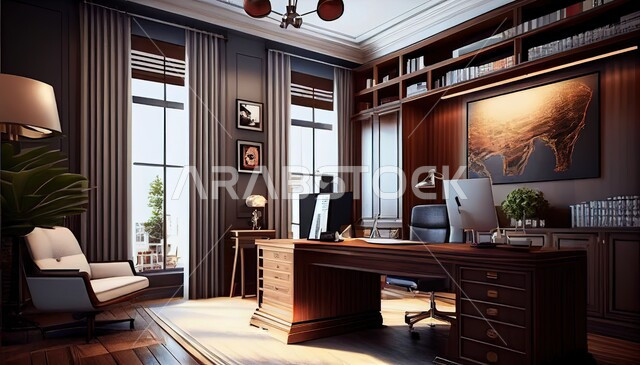 غرفة مكتبية بتصاميم عصرية ، ديكورات داخلية، أثاث مكتبي ، تصاميم عصرية ، شقق سكنية ، ديكورات بالوان بنية