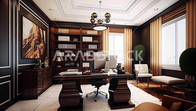 غرفة مكتبية بتصاميم عصرية  ، ديكورات حديثة، أثاث مكتبي ،  تصاميم  فاخرة ، شقق سكنية 