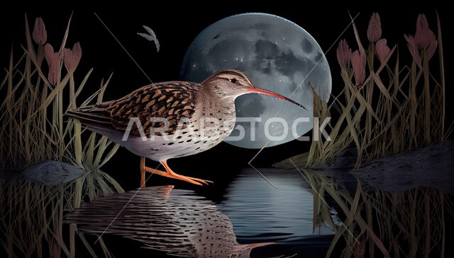 رسم ثلاثي الابعاد لعصفور في البحيره ، لوحه فنيه لطائر في الطبيعه في وضع الليل، خلفية القمر ، خلفية الطبيعه