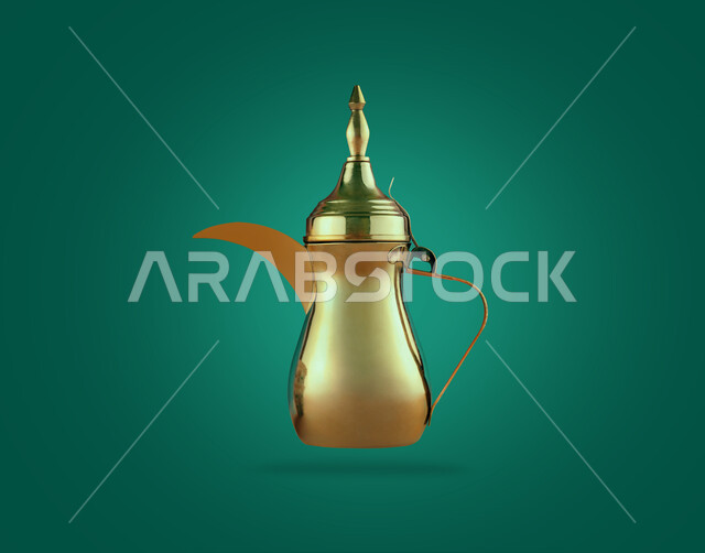 رسم ثلاثي الابعاد لدلة قهوة عربية نحاسية مع فناجين قهوة ،  تقديم القهوة الساخنة ، الضيافة السعودية ، القهوة العربية ، حسن الضيافة والإستقبال، رمضان ، أعياد ومناسبات , خلفية خضراء  .