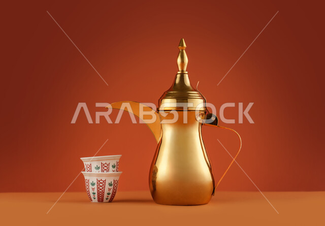 رسم ثلاثي الابعاد لدلة قهوة عربية نحاسية مع فناجين قهوة ،  تقديم القهوة الساخنة ، الضيافة السعودية ، القهوة العربية ، حسن الضيافة والإستقبال، رمضان ، أعياد ومناسبات , خلفية بنية   .