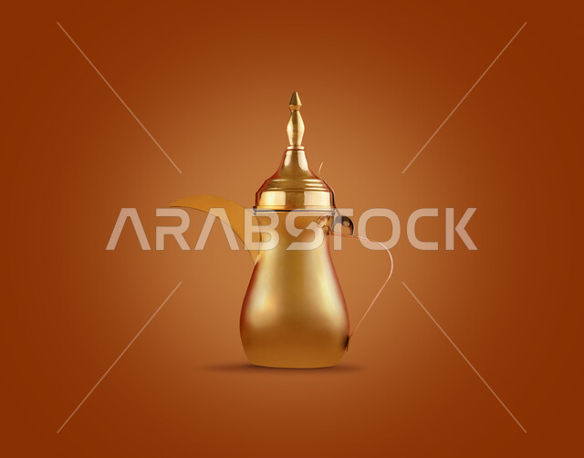 رسم ثلاثي الابعاد لدلة قهوة عربية نحاسية ،  تقديم القهوة الساخنة ، الضيافة السعودية ، القهوة العربية ، حسن الضيافة والإستقبال، رمضان ، أعياد ومناسبات , خلفية بنية   .