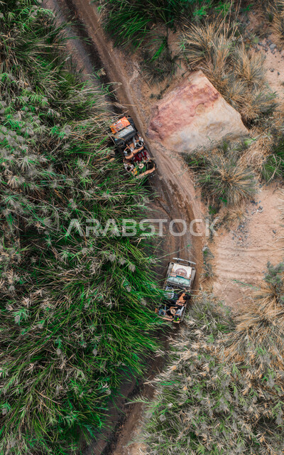  صورة مقربه من الاعلى لحركة سير السيارات بين أخاديد الجبال الساحرة بوادي الديسة في مدينة تبوك بالمملكة العربية السعودية، التكوينات  الصخرية، الواحات بوادي الديسة، الطبيعة الصحراوية في السعودية .