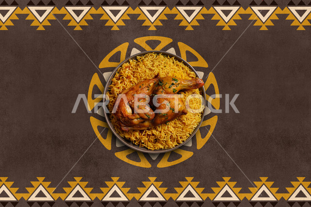 طبق من ارز الكبسة مع الدجاج ، وجبات عربية خليجية تقليدية ، أطباق شعبية ، مطاعم شرقية لوصفات المطبخ السعودي ,  خلفية بنية .