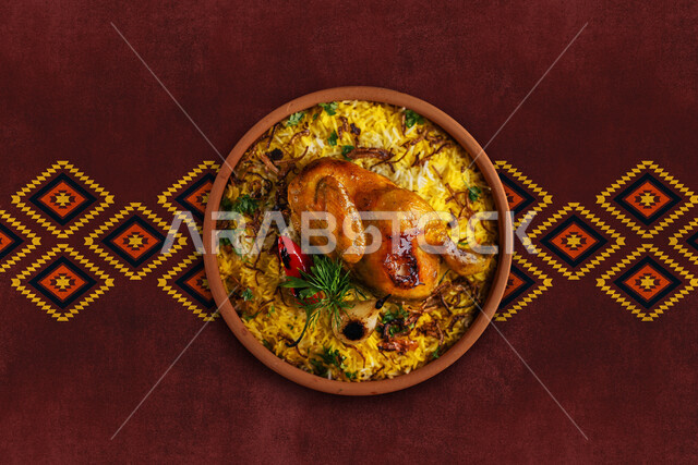 طبق من ارز الكبسة مع الدجاج والخضار ، وجبات عربية خليجية تقليدية ، أطباق شعبية ، مطاعم شرقية لوصفات المطبخ السعودي ,  خلفية بنية مزخرفة  .