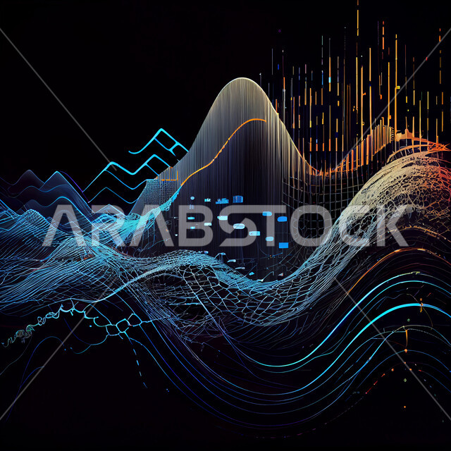 اضواء التكنولوجيا المتموجة , ثلاثية الابعاد, تقنيات وتطور, خطوط من التكنولوجيا المجردة , خلفيات مجردة متشابكة , خلفيات داكنة .