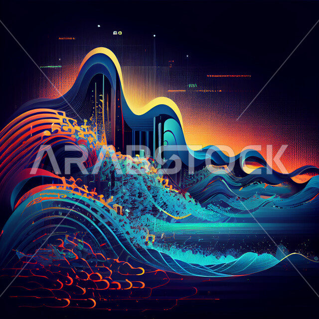 Wavy technology and lights, 3D, technology and evolution, lines of abstract technology, interlocking abstract backgrounds, dark backgrounds.